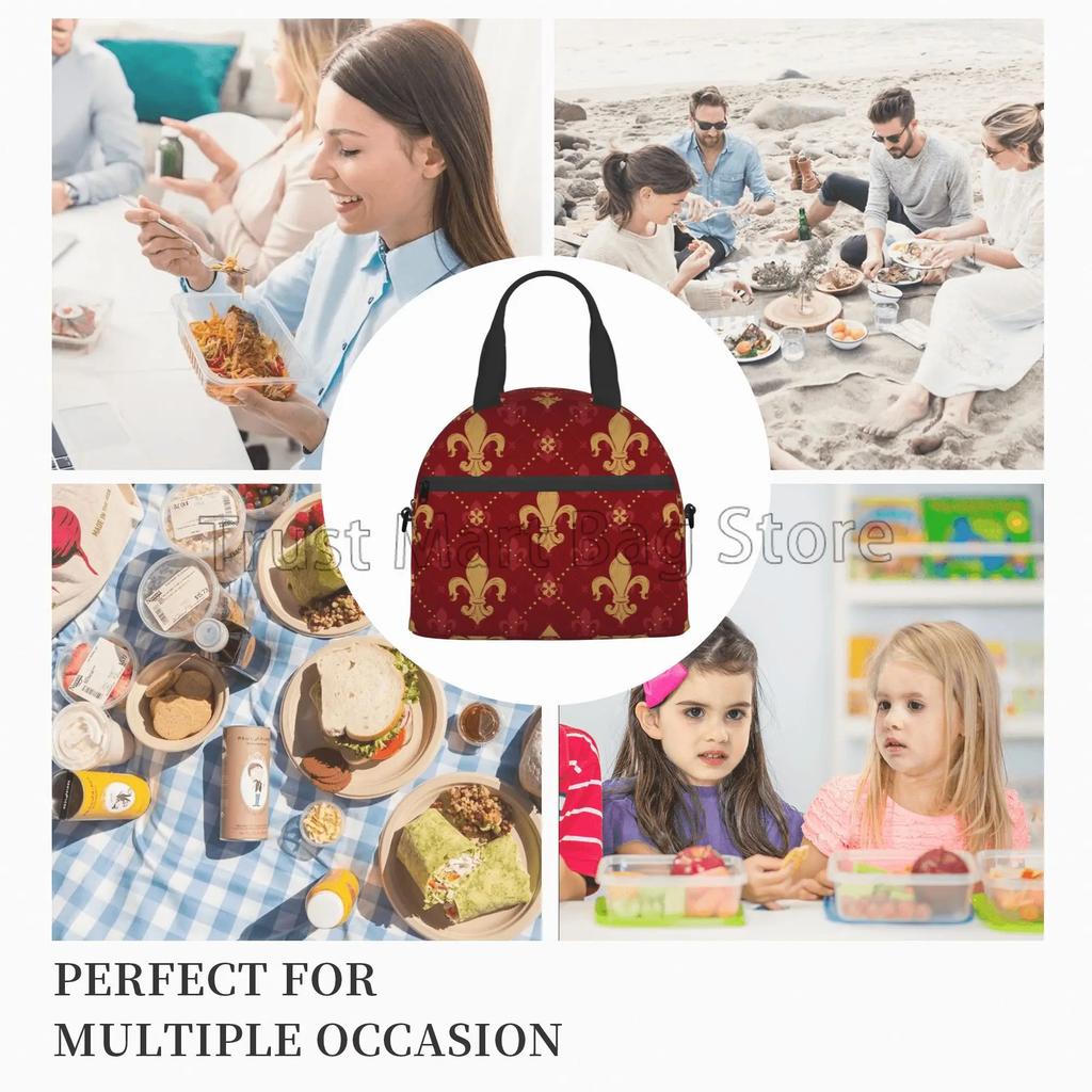 Heraldic Red Lis Expensive Kingly Gold Lily LYS Fleur Pattern Insulated Lunch Bag Reusable Portable Thermal Bento Tote for Work