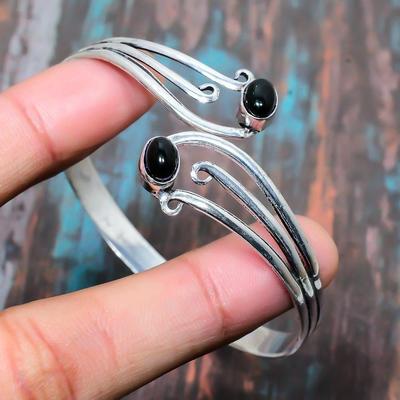 Black Onyx Gemstone Handmade  Sterling 925 Silver Jewelry Bangle Adjustable For Her