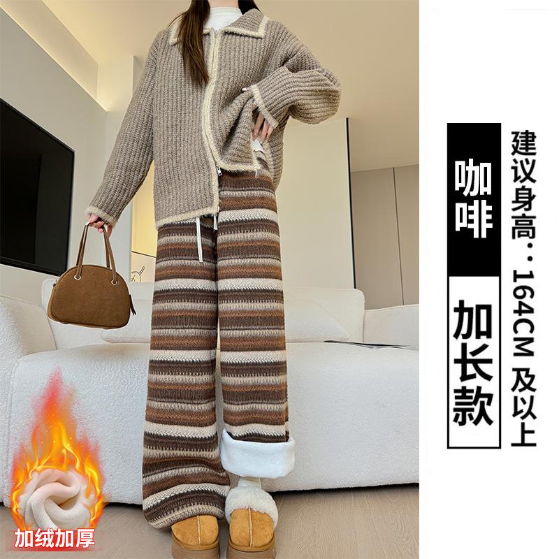 

Ретро шерстяные полосатые брюки женские осенне-зимние новые бархатные брюки с высокой талией драпирующиеся прямые брюки ленивые повседневные брюки широкие брюки XL