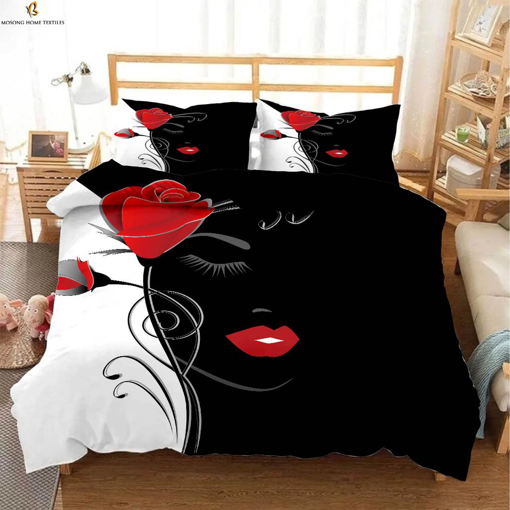 Valentine Day Romantic Red Rose Printing Quilt Cover Black White Color Matching Bedding Set Pillowcase Curtain Polyester