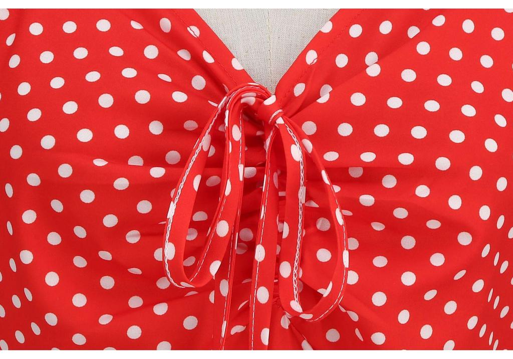 Retro V-neck Short Sleeve Polka Dot Waist-Cinching Dress for Women