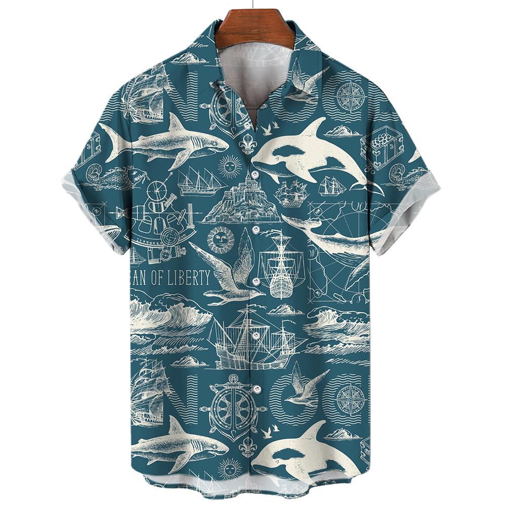 Sailing World Graphic Print Vintage Shirt Fashion Casual Hawaiian Beach Style Summer Oversized Shirts for Men Women Shirts