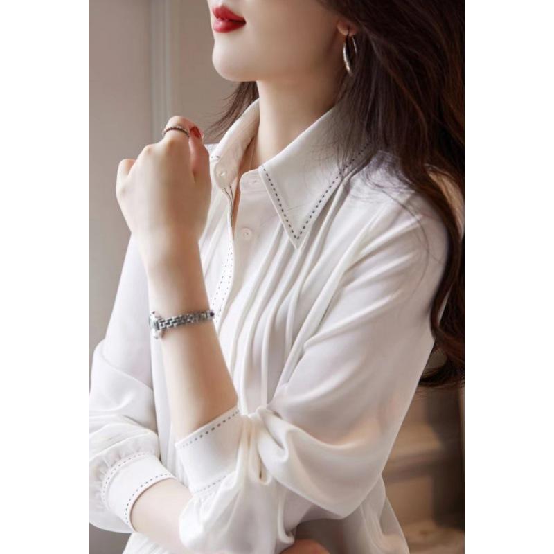 White Vertical Striped Pleated Long-sleeved Shirt for Women Loose Temperament Simple Design Niche Shirt Top for Women