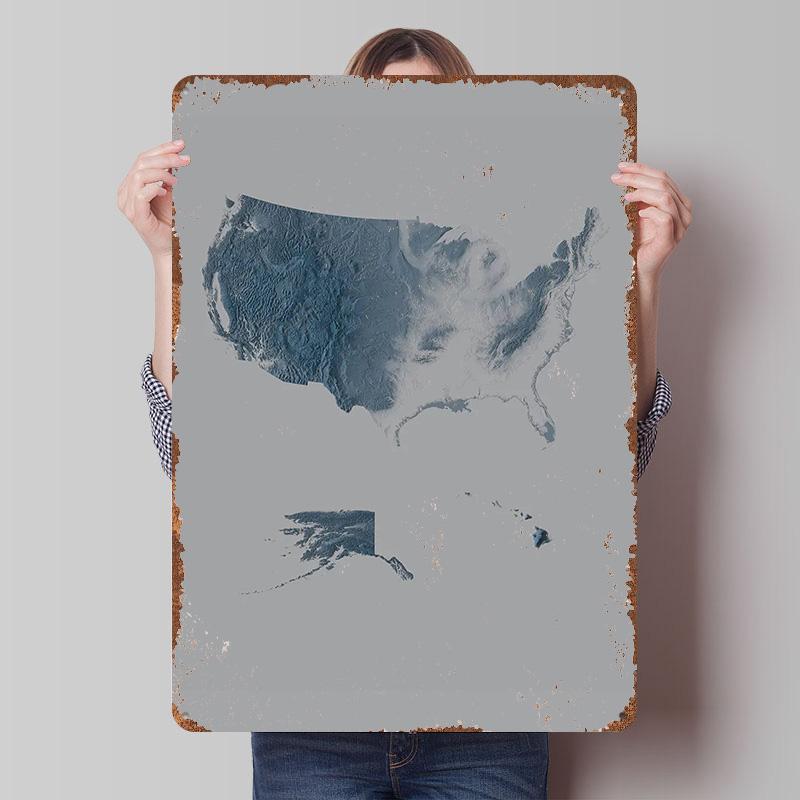 United States Relief Map Printed Poster Customized Wall Art Retro Vintage Metal Tin Signs for Setup Decorations Home Decor Items