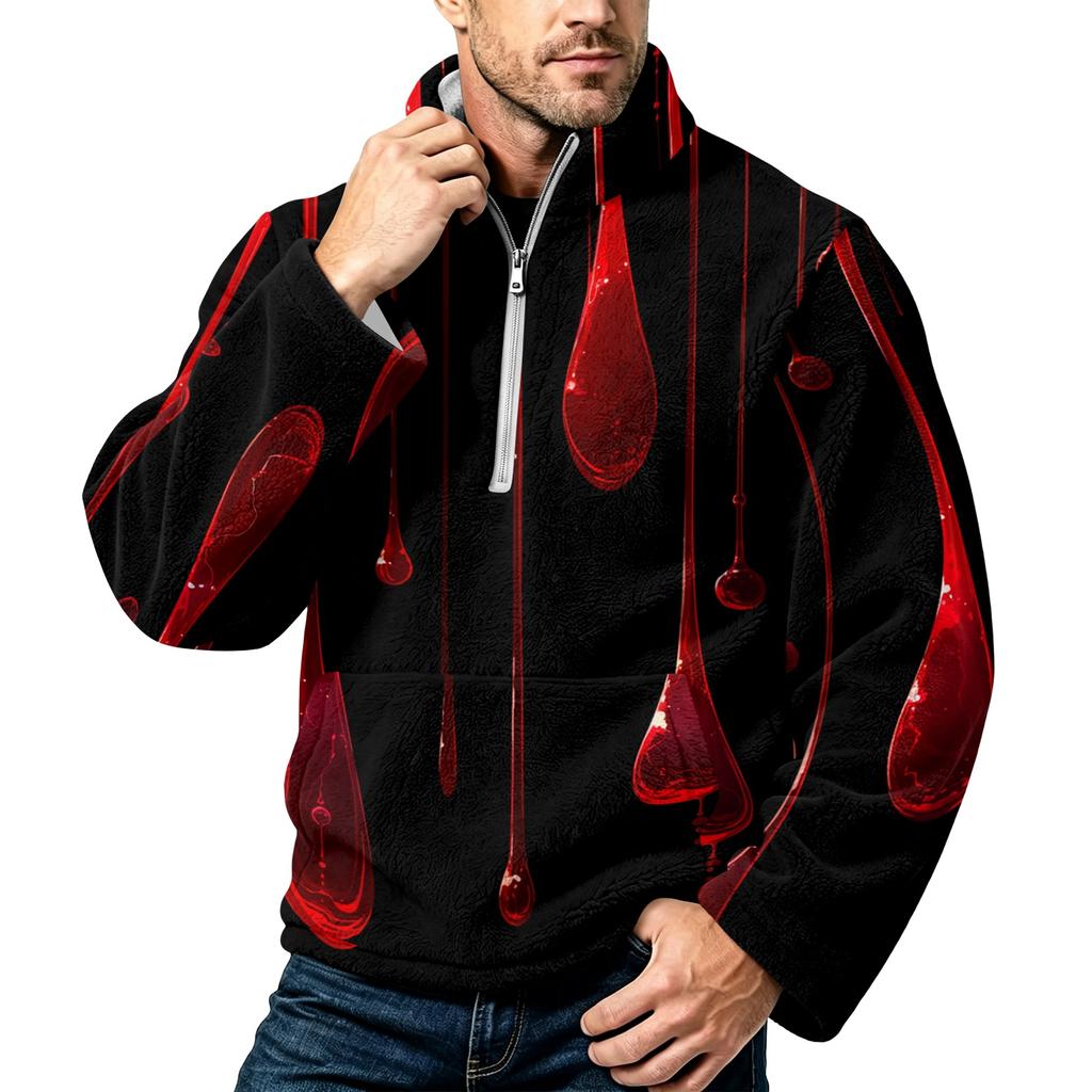 Men's Halloween Print Flannel Zip-Up Sweatshirt, Plus Size Stand Collar Casual Fall Winter Top