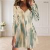 Women Plus Size V Neck Long Sleeve Printed Curved Hem Casual Dress