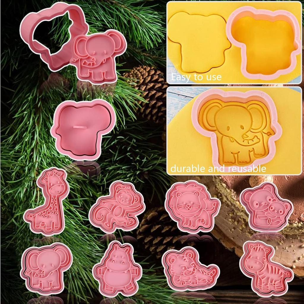 Pet 3D Cookie Cutter Set of 8 - Animal Shapes Biscuit Stamp Molds with Plunger, Embossing Baking Tools for Fondant Cheese Cookies, Pink