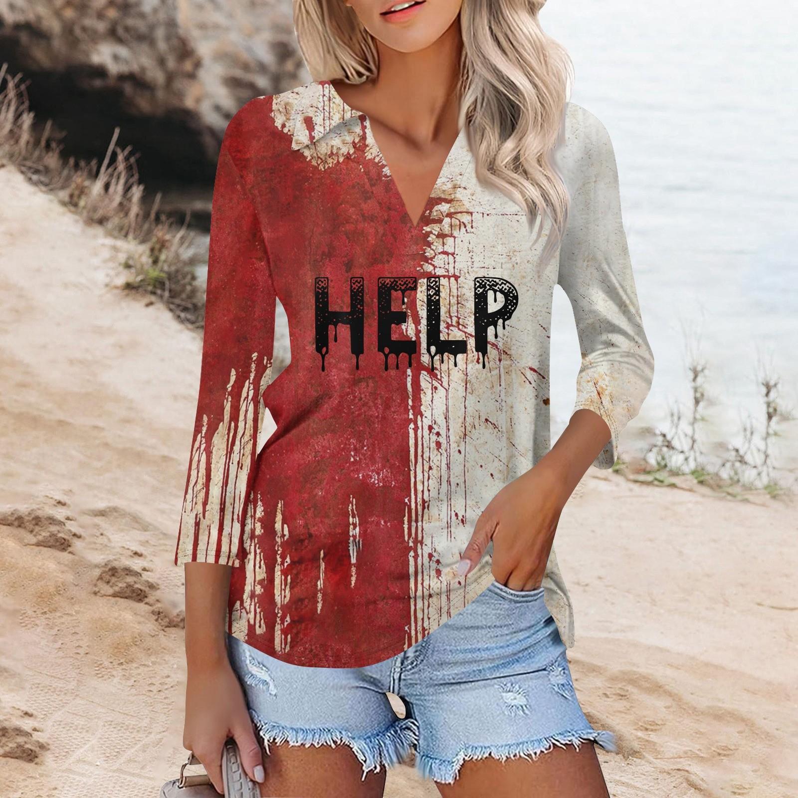 Женская модная повседневная футболка с V-образным вырезом и рукавом 3/4 на Хэллоуин — фото 10