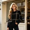 Women's Winter Plaid Color Block Pullover Sweater with Round Neck - Versatile Knit Top