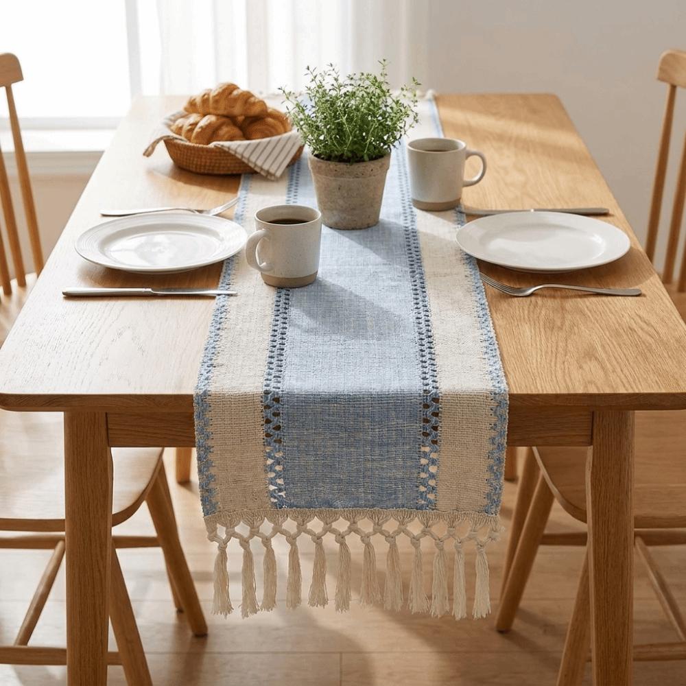 Hand-Knotted Tassel Hollow Out Table Runner Vintage Tablecloth Festive Decoration