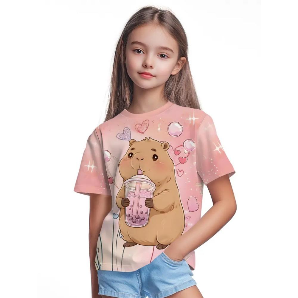 Summer T-Shirts for Girls Fashion Capybara Kids Clothes Girls Clothes Cute Cartoon Print Girl Tees Tops Child T-Shirt