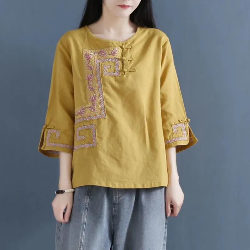 Spring and Summer New Retro Buttoned Linen Tops Cotton and Linen Shirts Women's Chinese Round Neck Embroidered Shirt Zen Tea Suit