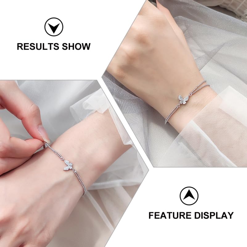 TENDYCOCO Butterfly Bracelet, Double Chain, 925 Sterling Silver, Women's, Cute, Simple, Adjustable, Stackable