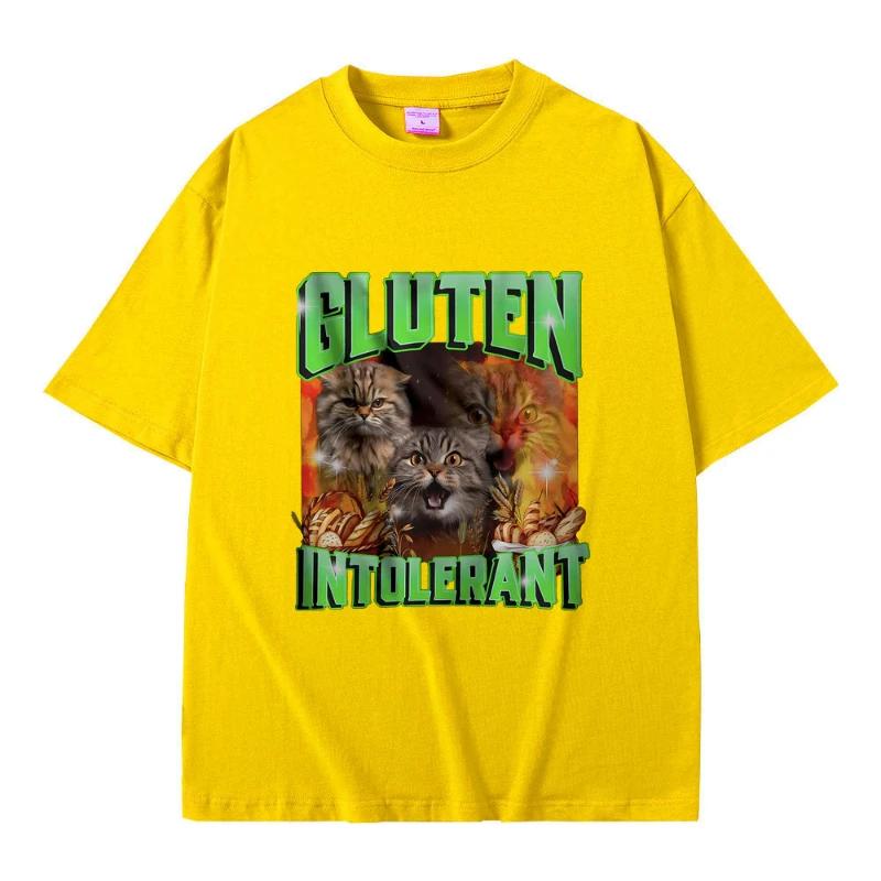 Gluten In Tolerant Cat Funny Meme Print Tshirt Male Fashion Oversized Streetwear Men Women Casual Cozy Pure Cotton Short Sleeve