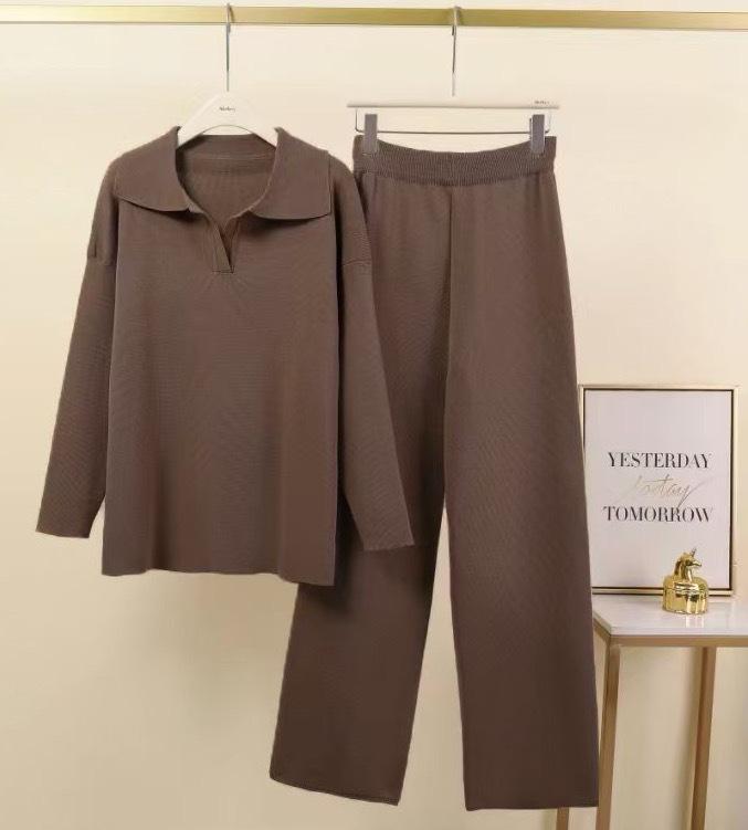 

Европейский и американский осенне-зимний вязаный свитер поло и брюки широкого покроя, комплект из двух предметов Small