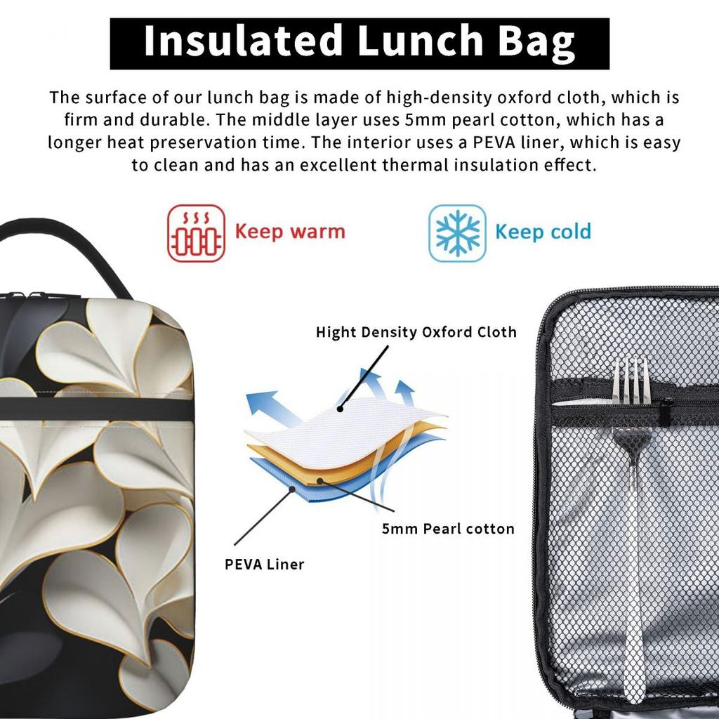 Black And White Flower Pattern Insulated Lunch Bag for Women Children Portable Food Boxes Thermal Lunch Box Tote