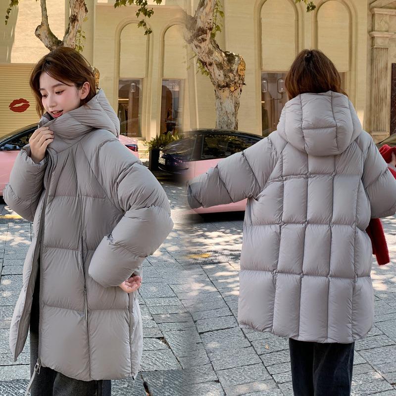 Large Version Down Cotton Clothes Women's Medium and Long Soft Warm Puffs Down Cotton Solid Color Hooded Small Fresh Coat