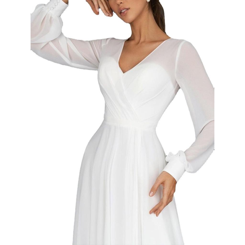 Spring Summer Women's Long Dress, European American Sexy Long Sleeve Chiffon Mesh Maxi Dress Evening Party Gown