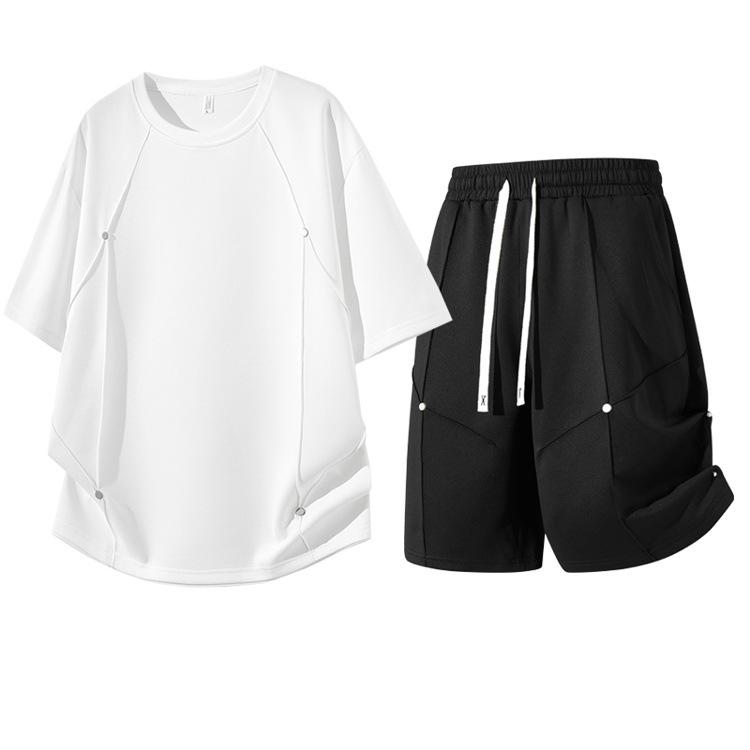 Trendy Men's Round Neck Plus Size T-Shirt & Shorts Set - Casual, Loose, Breathable Two-Piece.