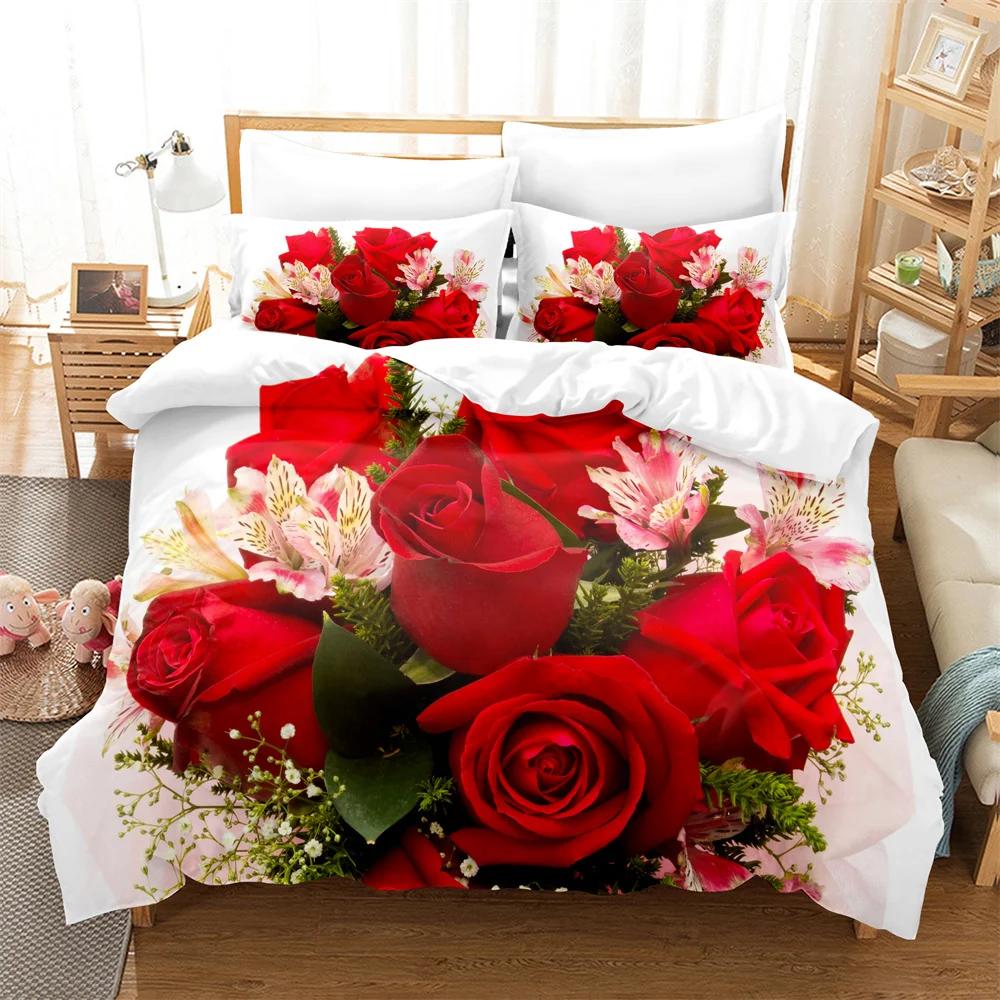 Red Rose Queen Size Duvet Cover 220X240 Bedding Set 3Pcs/2Pcs With Pillowcase Flower Quilt Cover For Double Bed Single Beds