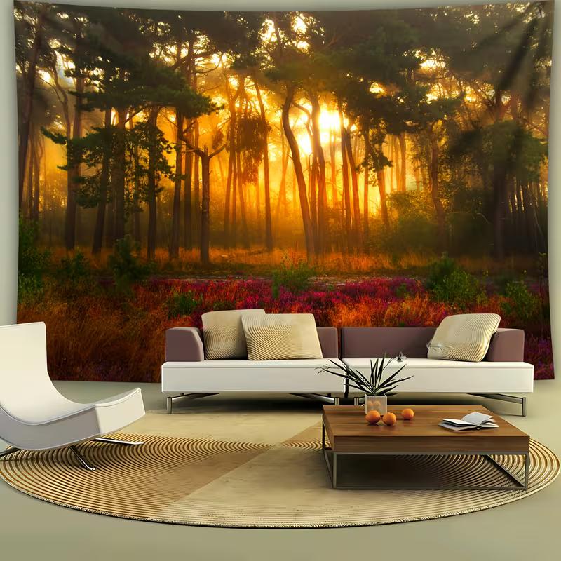 2D Sunrise Forest Tapestry, Golden Sunlight Wall Hanging