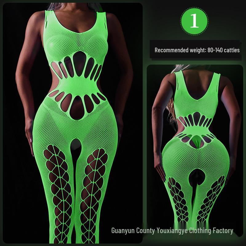 Linlinting Plus Size Glow-in-the-Dark Fishnet Bodystocking with Luminous Bandeau and Socks