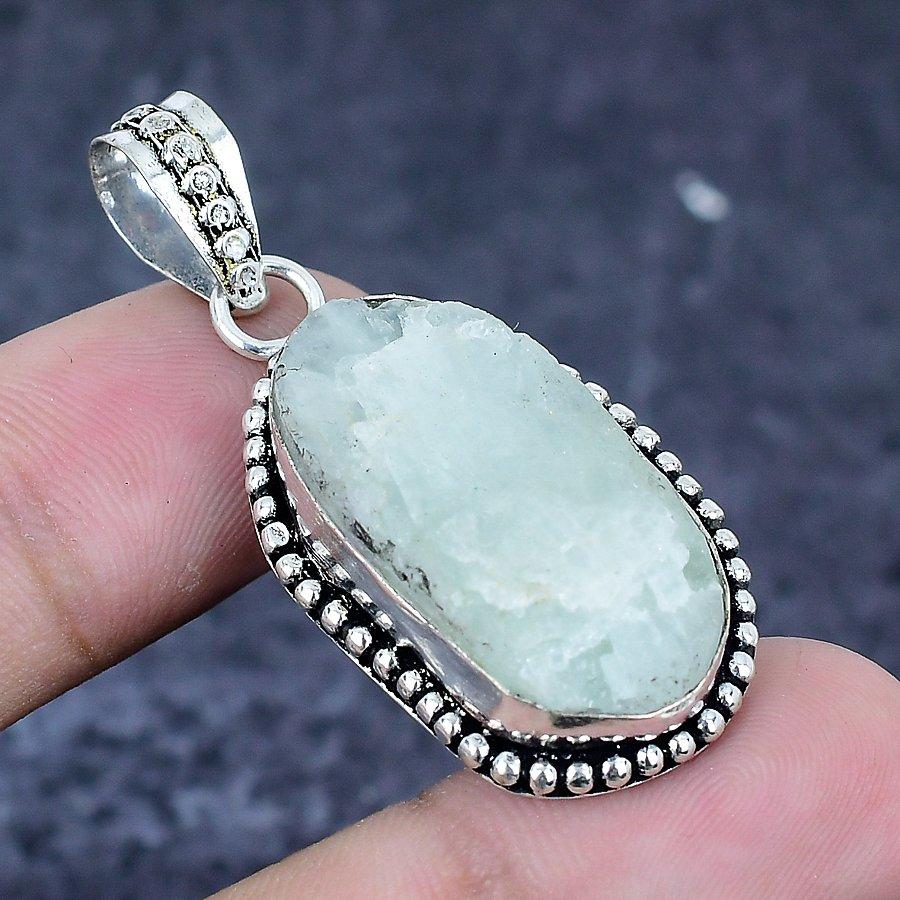Natural Aquamarine Rough Gemstone 925 Sterling Silver Jewelry Pendant 1.77" T4p25