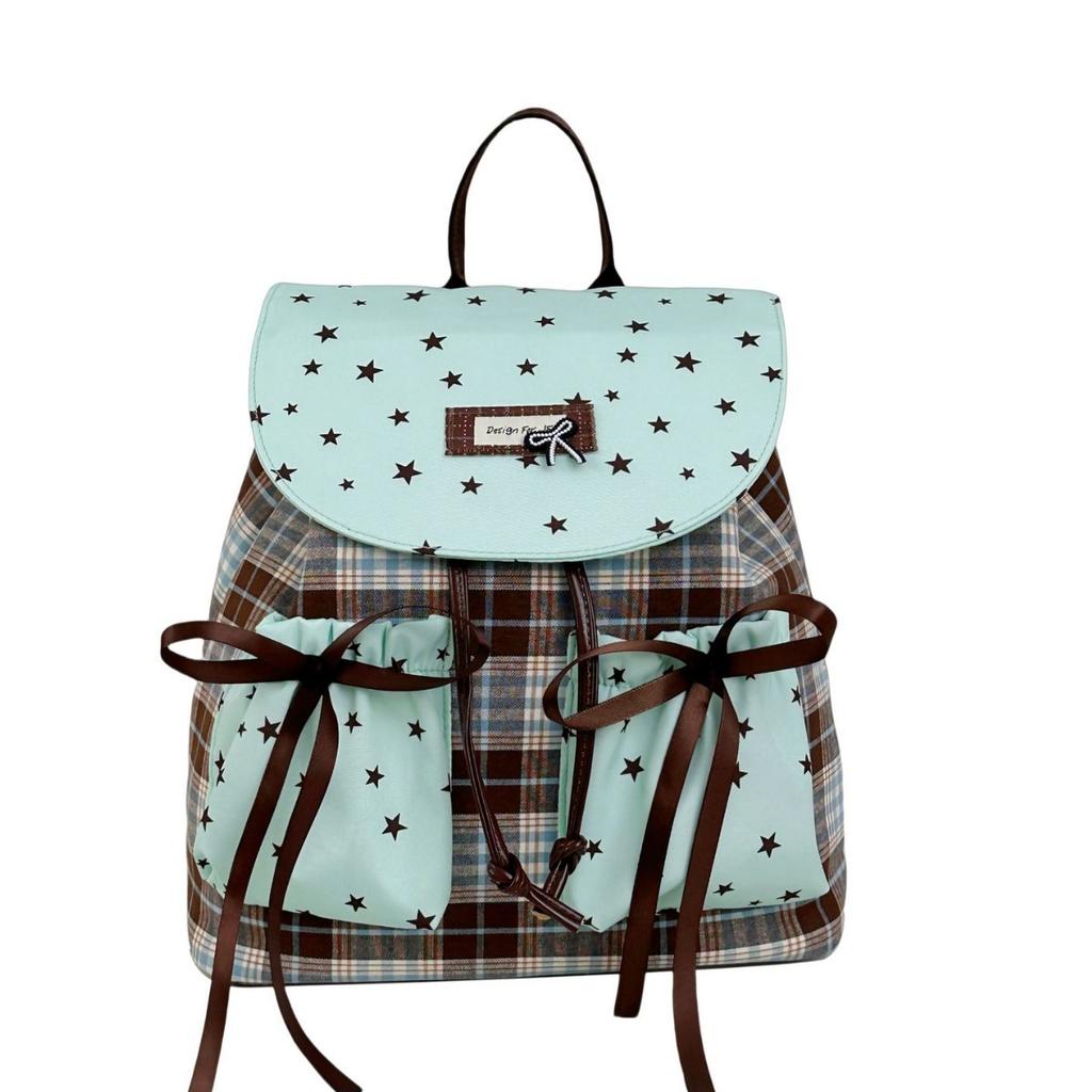 Sac à dos1011 nouvelle version coréenne dentelle enfants vert menthe sac à dos niche rétro carreaux mode nœud sac à dos