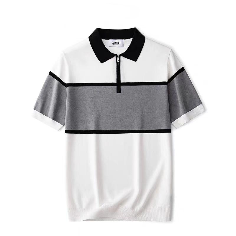 

Летняя мужская рубашка поло с коротким рукавом, модная эластичная модель в стиле колор-блок, не требующая глажки, с вязаным отложным воротником и застежкой-молнией до середины. M белый