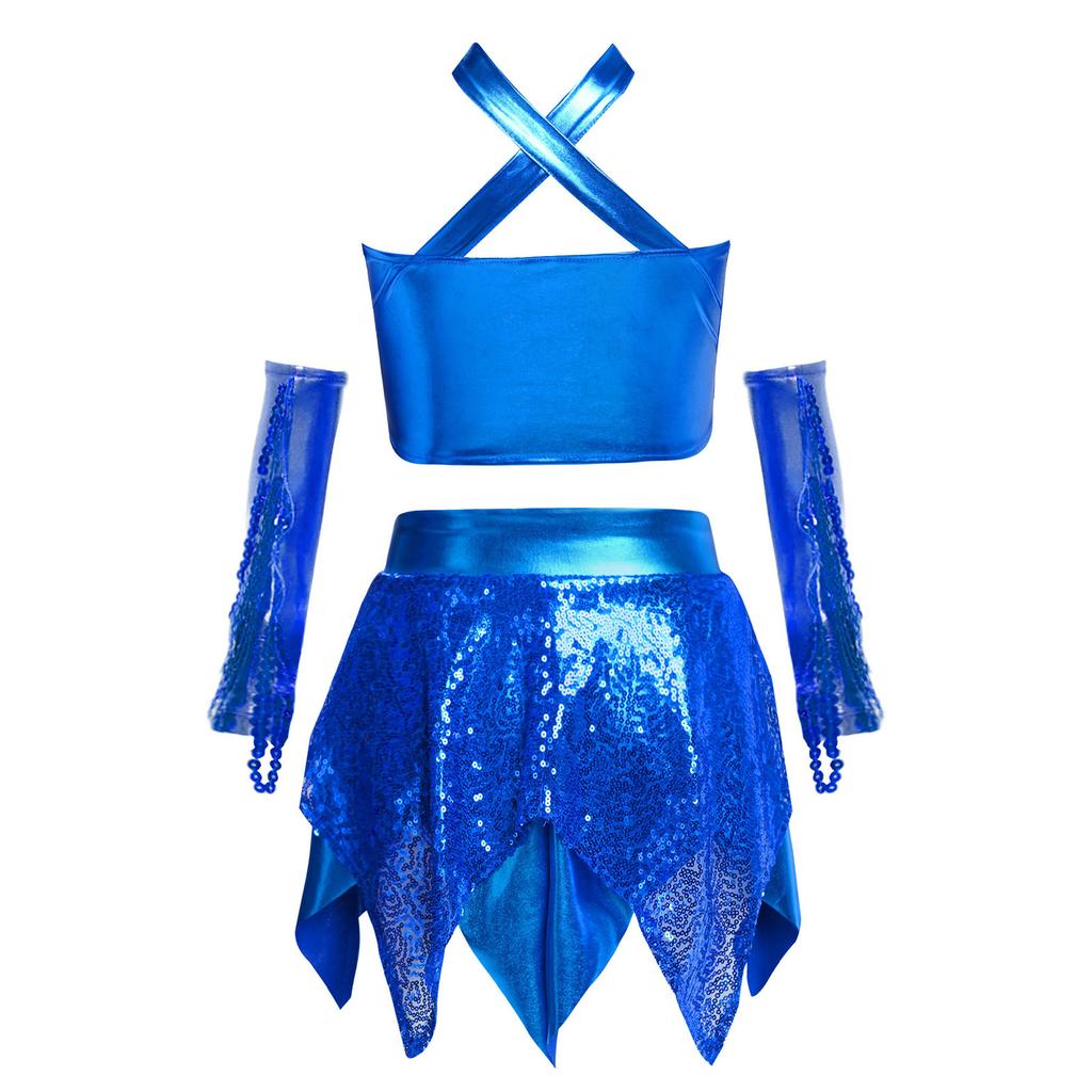 Dívčí kostým pro jazzový tanec s křížovým výstřihem, třpytivými flitry, metalickým zkráceným topem a asymetrickou sukní