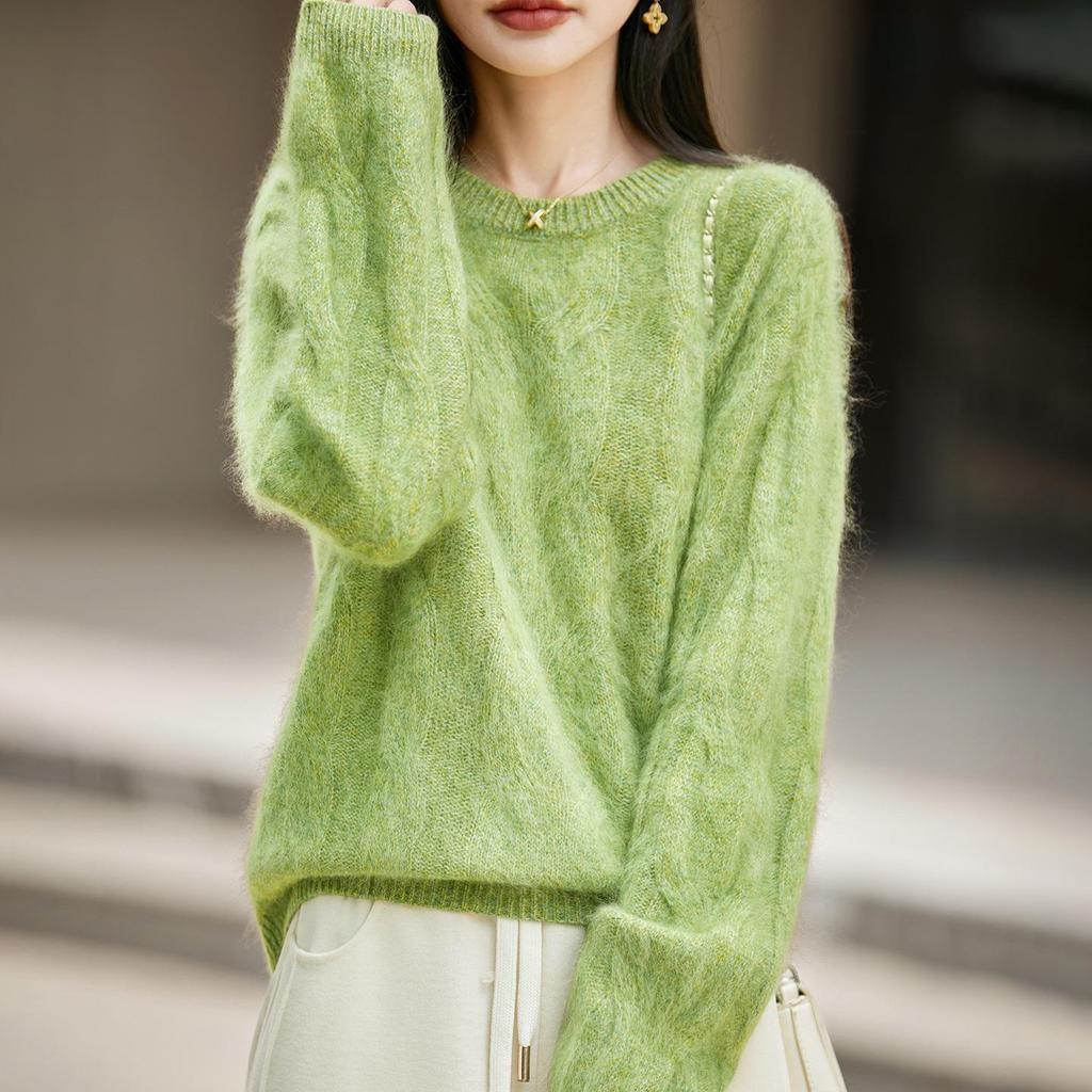 2026 Autumn/Winter Women's Cashmere Wool Marled Knit Loose Sweater, Round Neck, Long Sleeve
