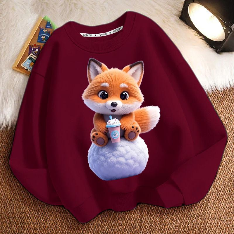 Cute Milk Tea Little Fox Round-neck Hoodie for Children, Fashionable Long-sleeved Casual Hoodie for Boys and Girls in Spring and Autumn