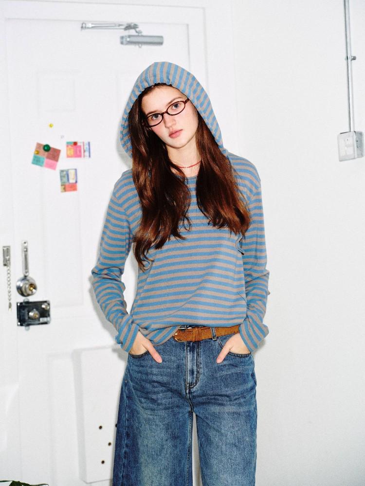 QIYOU 2026 Spring Women's Blue-Gray Striped Retro Casual Slimming Hooded Sweatshirt