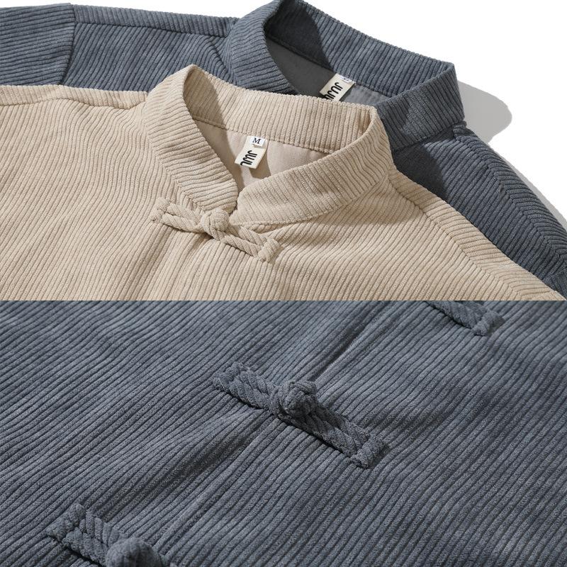 Spring and Autumn Large Size Retro Corduroy Long Sleeve Shirt Jacket Chinese Style Ancient Costume Button Top Tai Chi Clothing