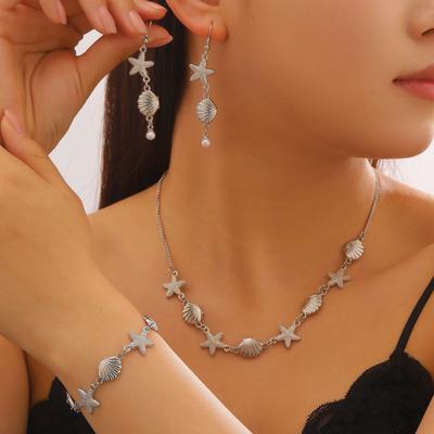 Seashell Starfish Necklace Earrings Bracelet Ocean-Themed 3-Piece Jewelry Set Elegant Beach Vacation Gift for Women