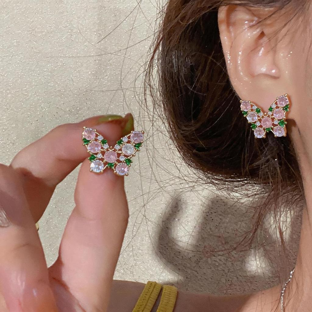 Silver Needle Cubic Zirconia Butterfly Stud Earrings - Stylish Vacation Accessory for Women