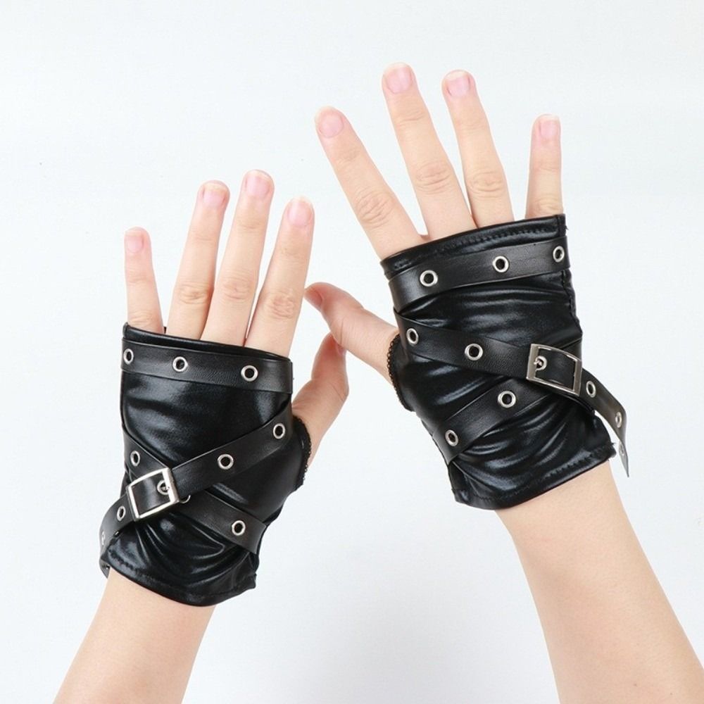 Black Punk Wristband Y2K Fingerless Mittens Unique Half-finger Gloves  Cosplay
