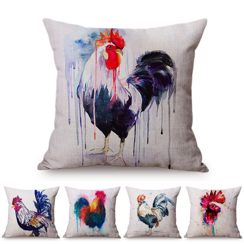 Monika Chen Unisex Nordic Watercolor Rooster Sofa Decorative Cushion Cover Vintage Farm Animals Ink Painting Cotton Linen Throw Pillow Case Cojines