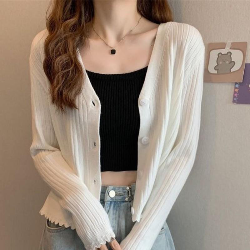 Womens V-Neck Ribbed Knit Cardigan Long Sleeve Slim Fit Outerwear Top Casual Korean Style