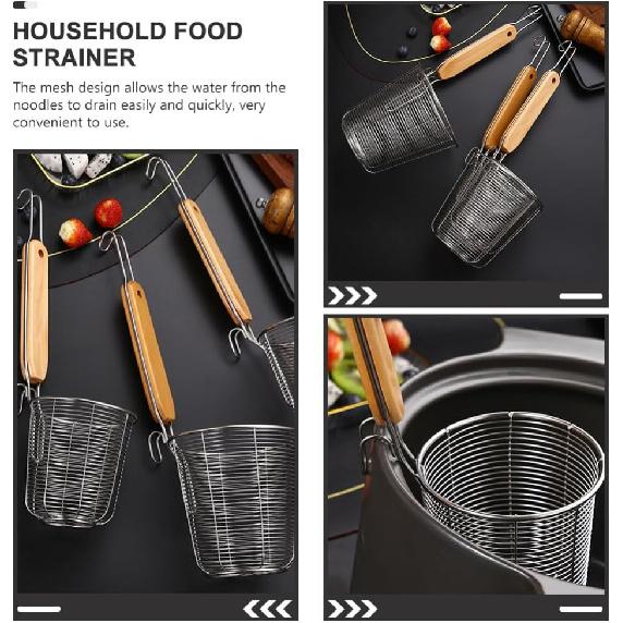 2pcs Kitchen Spider Strainer, Mesh Pasta Basket with Wooden Handle Stainless Steel Mesh Strainer Basket Mesh Spider Strainer for Pasta, Noodles,