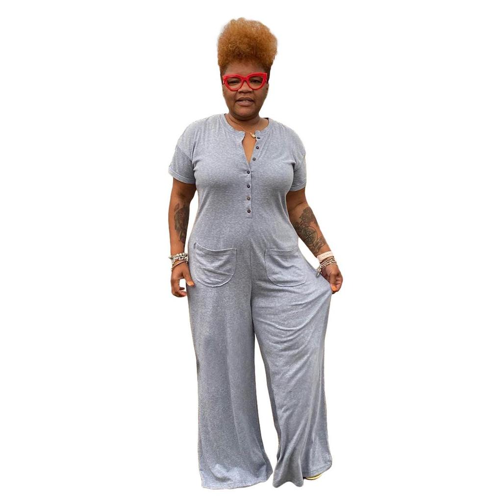 Plus Size Women's Fashion Casual Button Jumpsuit - European and American Style