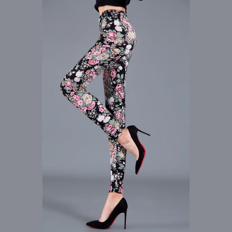 2023 Trendy Floral Print Slim Fit Milk Silk Leggings for Women - Plus Size, Elastic, Outerwear