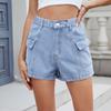 Women's Fashion Solid Color Pocket Button Pocket Elastic Waist Casual Denim Shorts