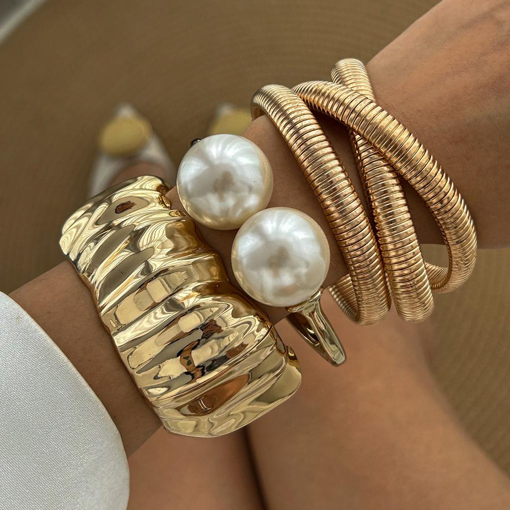 DIEZI 3 Style Round Imitation Pearl Wide Cuff Bangles Bracelets Punk Multilayer Geometric Metal Spring Bangles Set For Women Men