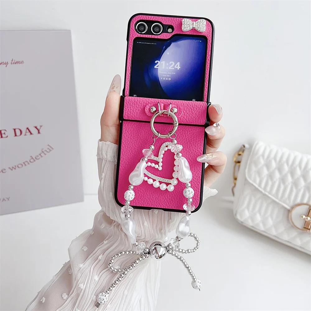Bow Bead Wrist Strap Phone Case for Samsung Galaxy Z Flip 6 5 4 3 Flip5 Flip4 Flip3 5G Hard Leather Shockproof Protective Cover