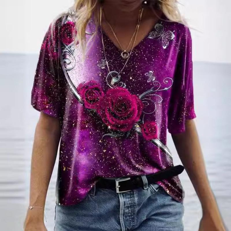 Summer Casual V-Neck Rainbow Printed Short Sleeve Women's T-Shirt Top