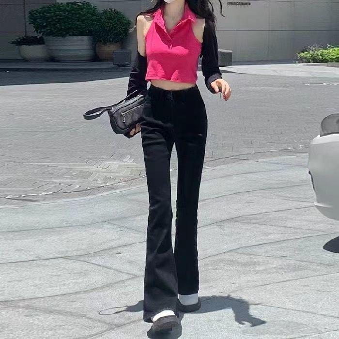 Women's Black High-Waisted Stretch Denim Micro-Flare Pants - Slimming & Trendy for 2025 Autumn/Winter