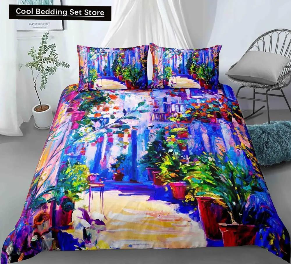 Comforter Oil Painting Landscape King Queen Natural Scenery Bedding Set Teen Adult Floral Ocean Building Polyester
