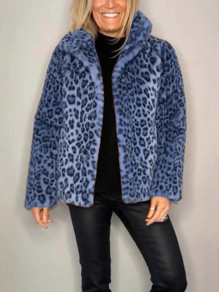 2024 Winter Women's Fashion Leopard Print Faux Fur Coat with Lapel 