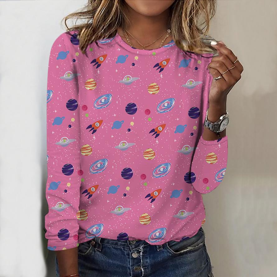 Tops For Women Cosmic Planet Print Round Neck Long Sleeve T-shirt Fall Casual Slim Pullover Women's Long Sleeve Top